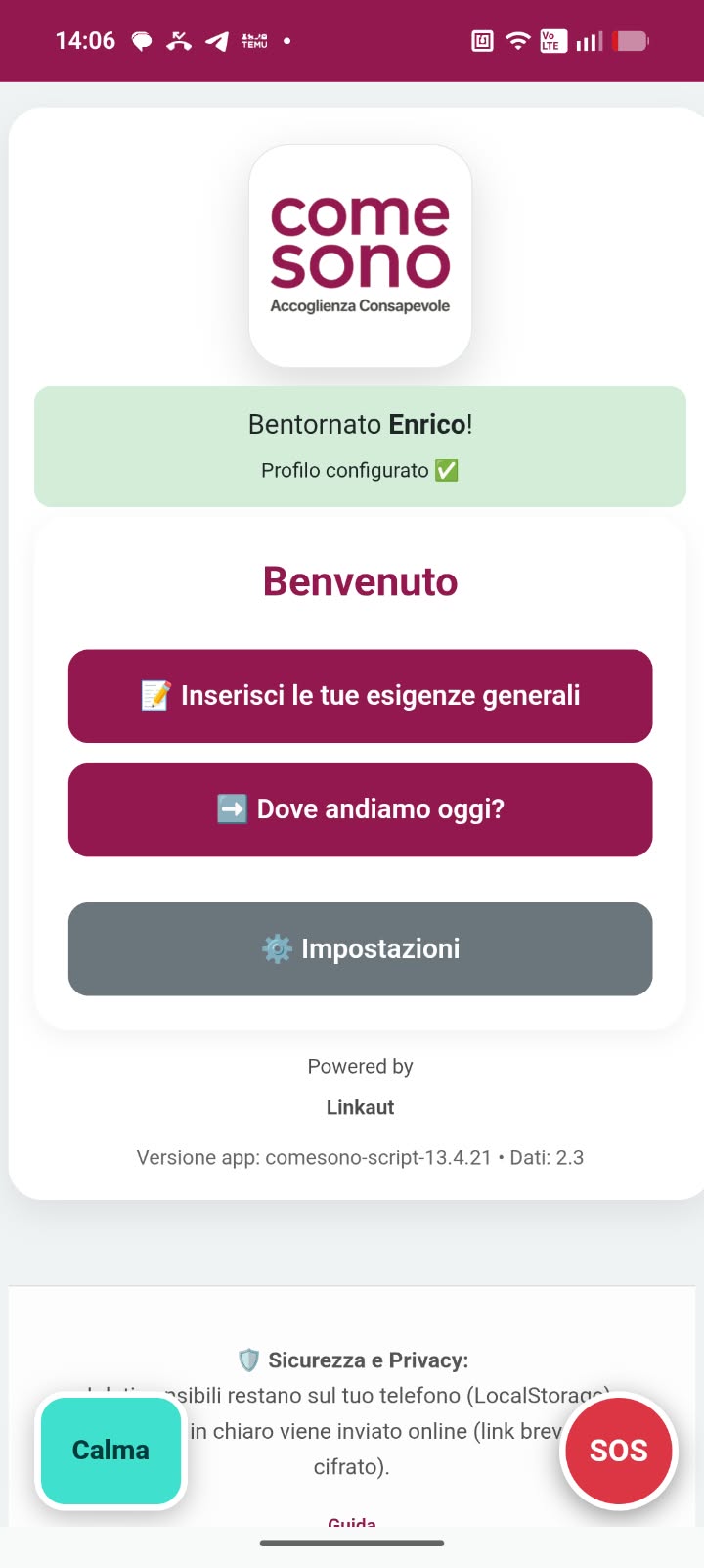 Screenshot della home dell'app ComeSono